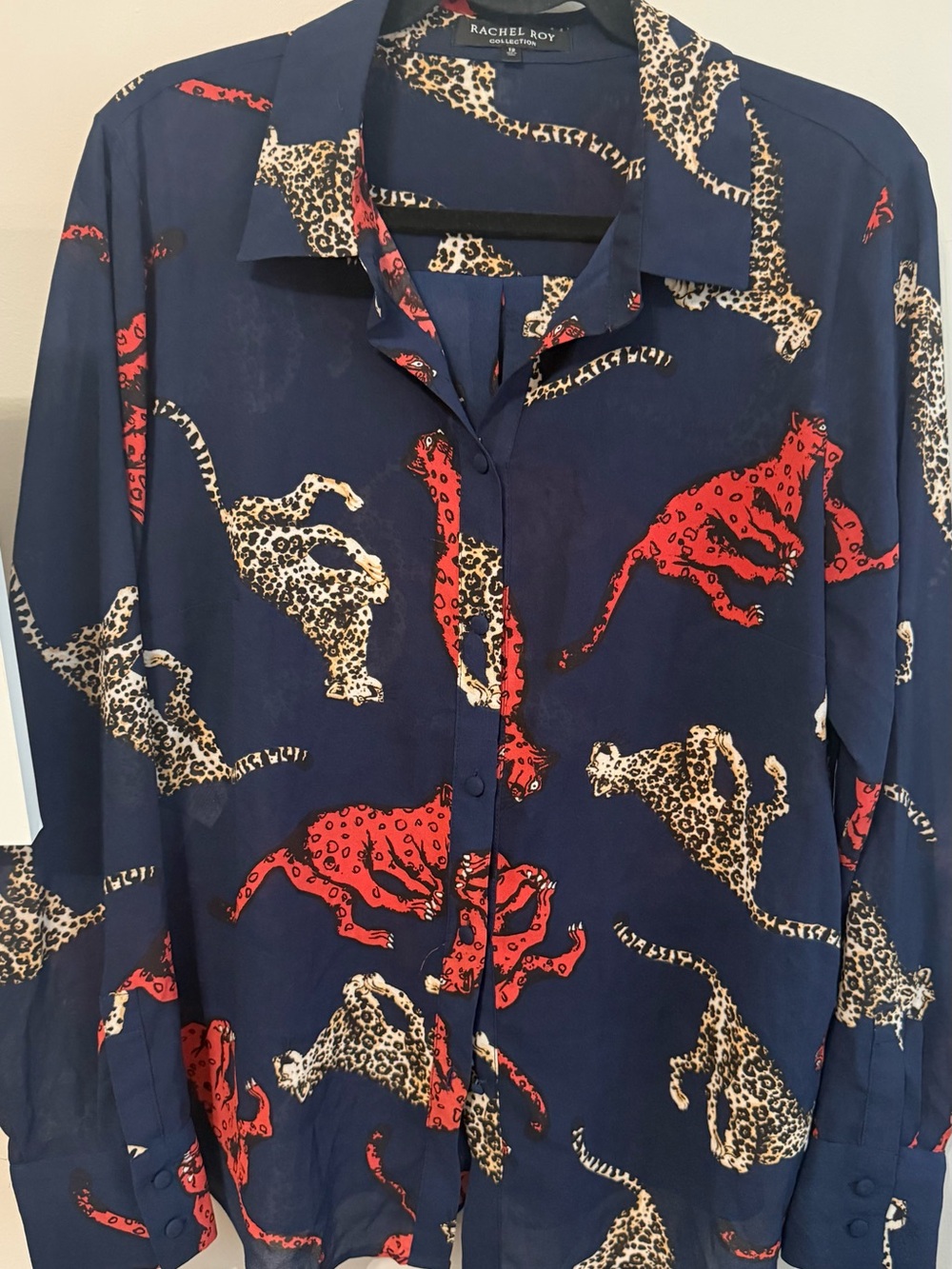 RACHEL Rachel Roy Navy Button-Up Shirt with Red & Cream Leopard Motif - Picture 2 of 5